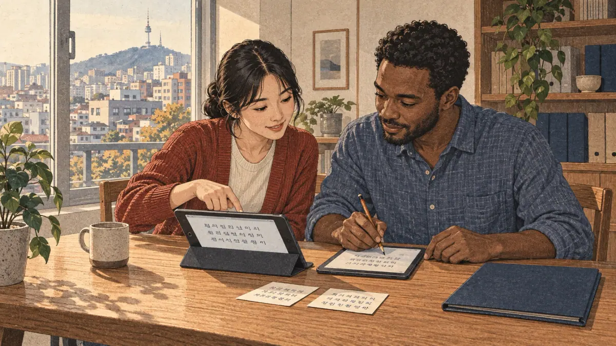 Adults using hangul syllable builder: combine korean letters in Seoul.