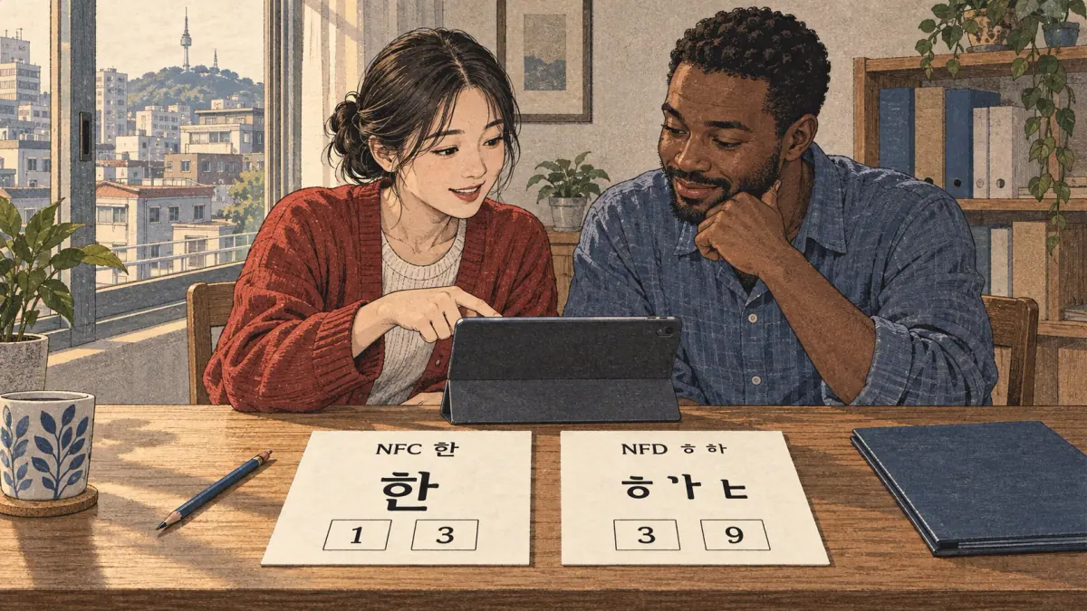 NFC 한 — Encoding comparison: two matching-looking specimens are set above separate named encoding counts; compare visible appearance with stored code