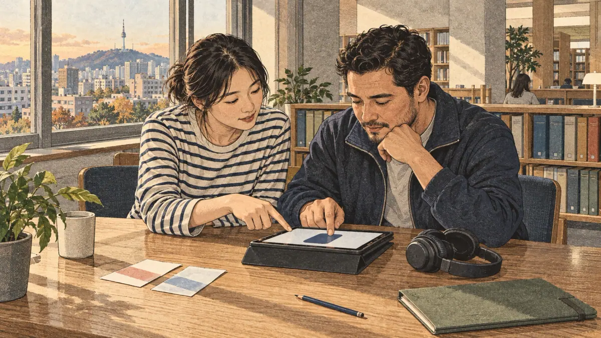 Adults using interactive hangul alphabet: letters, sounds & audio in Seoul.