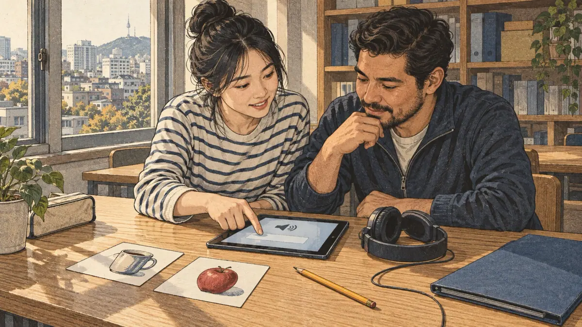 Choosing one example: a learner taps one large word specimen with a pair of headphones ready beside the tablet.