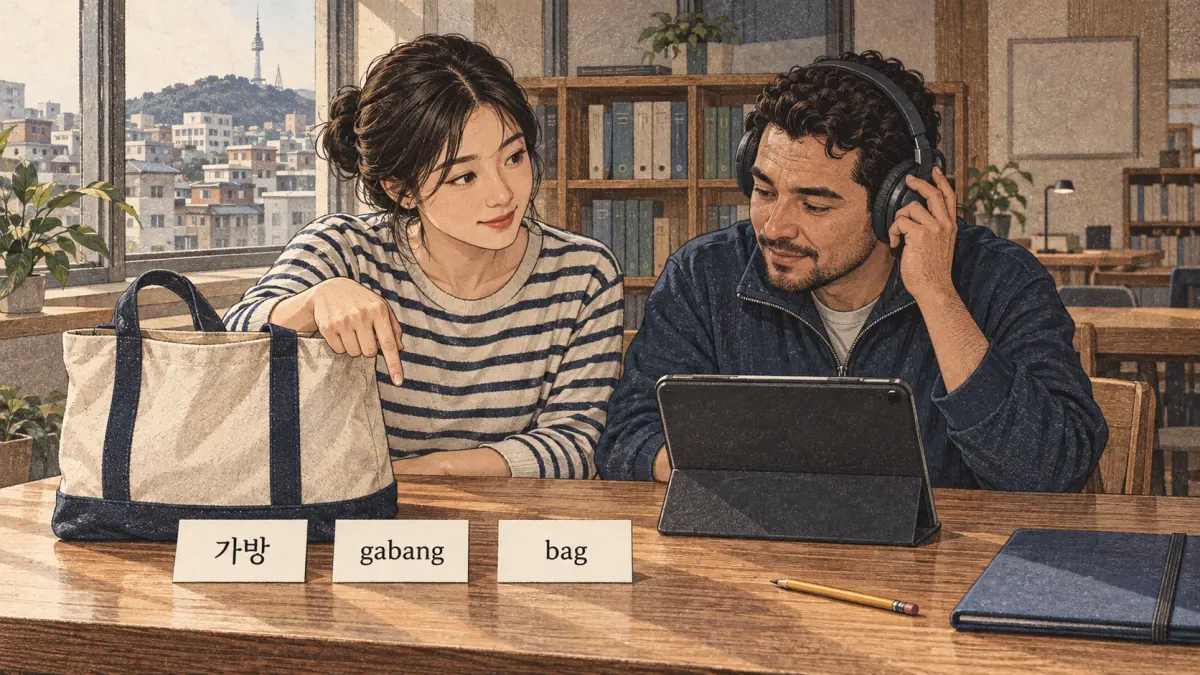 가방 — Listen then recognize: the learner pauses the recording and points to a real canvas bag that anchors the word example.
