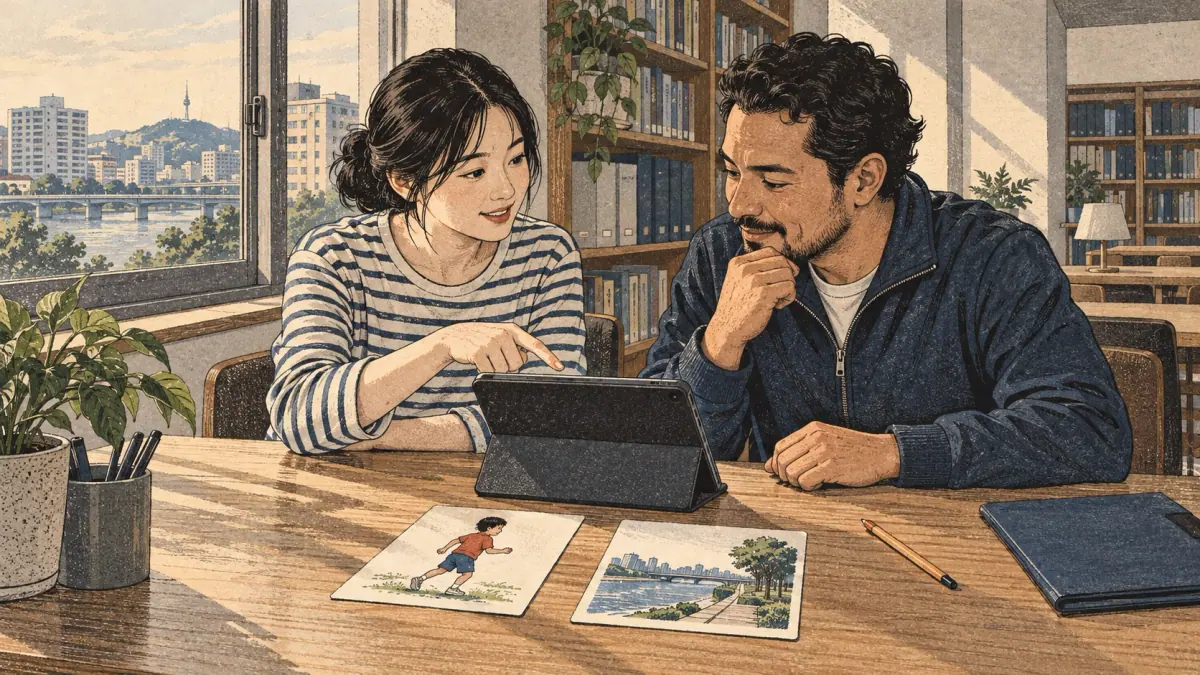 Position matters: a child illustration on one specimen and a riverside illustration on another connect the two word examples with different functions