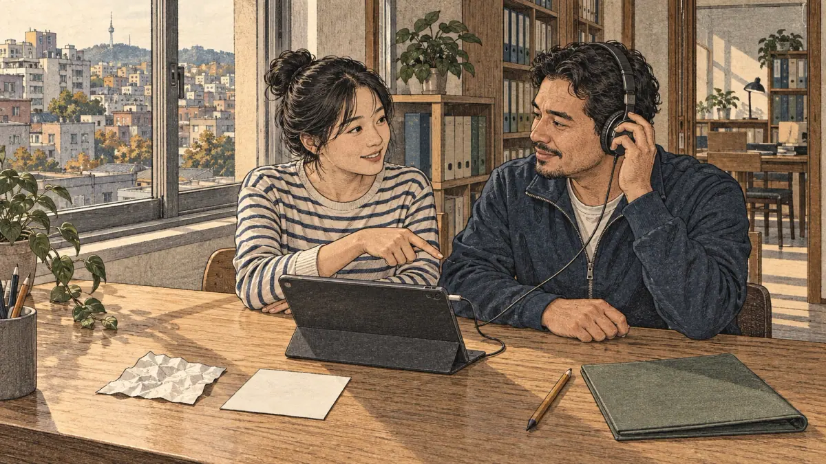 Listening limits: the learner wears wired headphones while the tutor points to the headphone lead; the tablet is used for playback and does not record