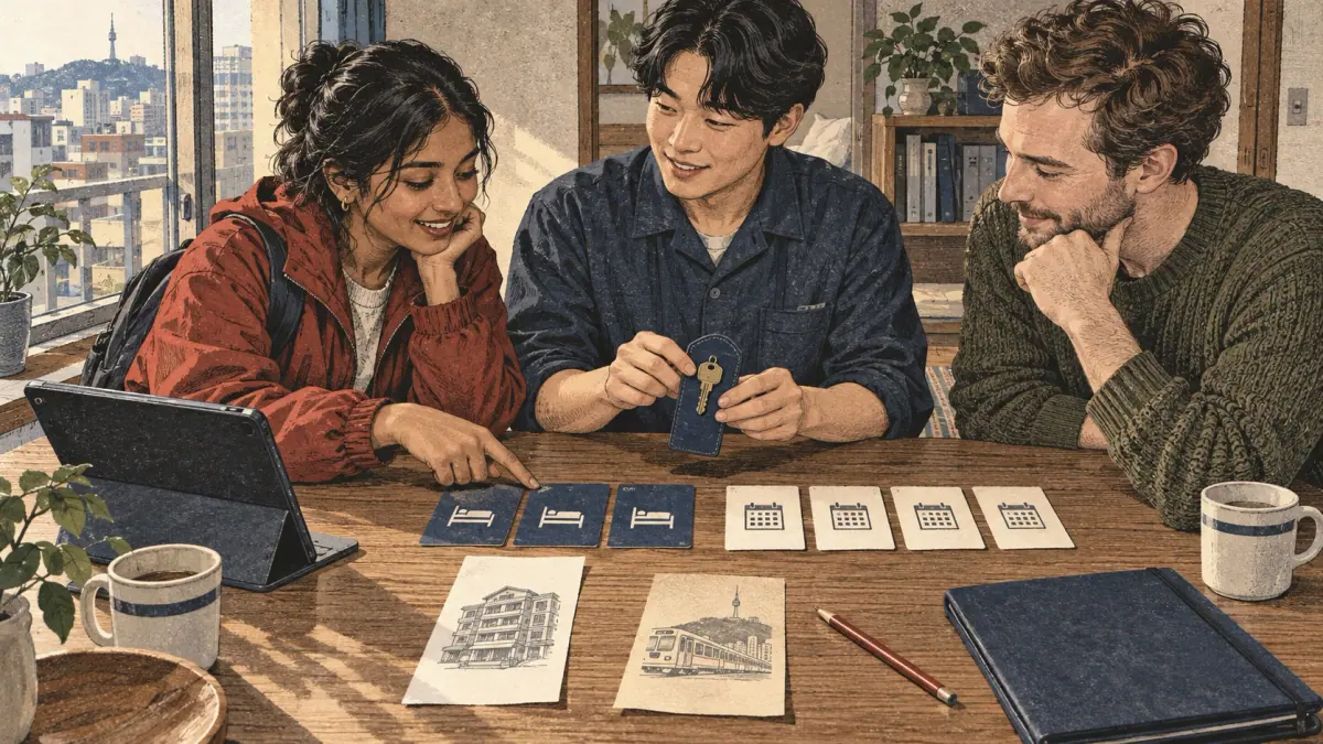Room-sharing arithmetic: two visitors hold one key sleeve beside three overnight cards and four separate calendar-day cards.