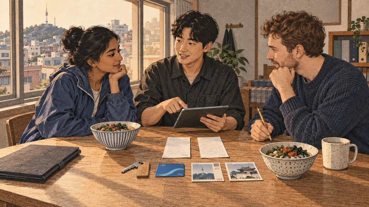 Fictional worked example: one room key, two meal bowls, a transit card and two activity tickets anchor the four example categories.