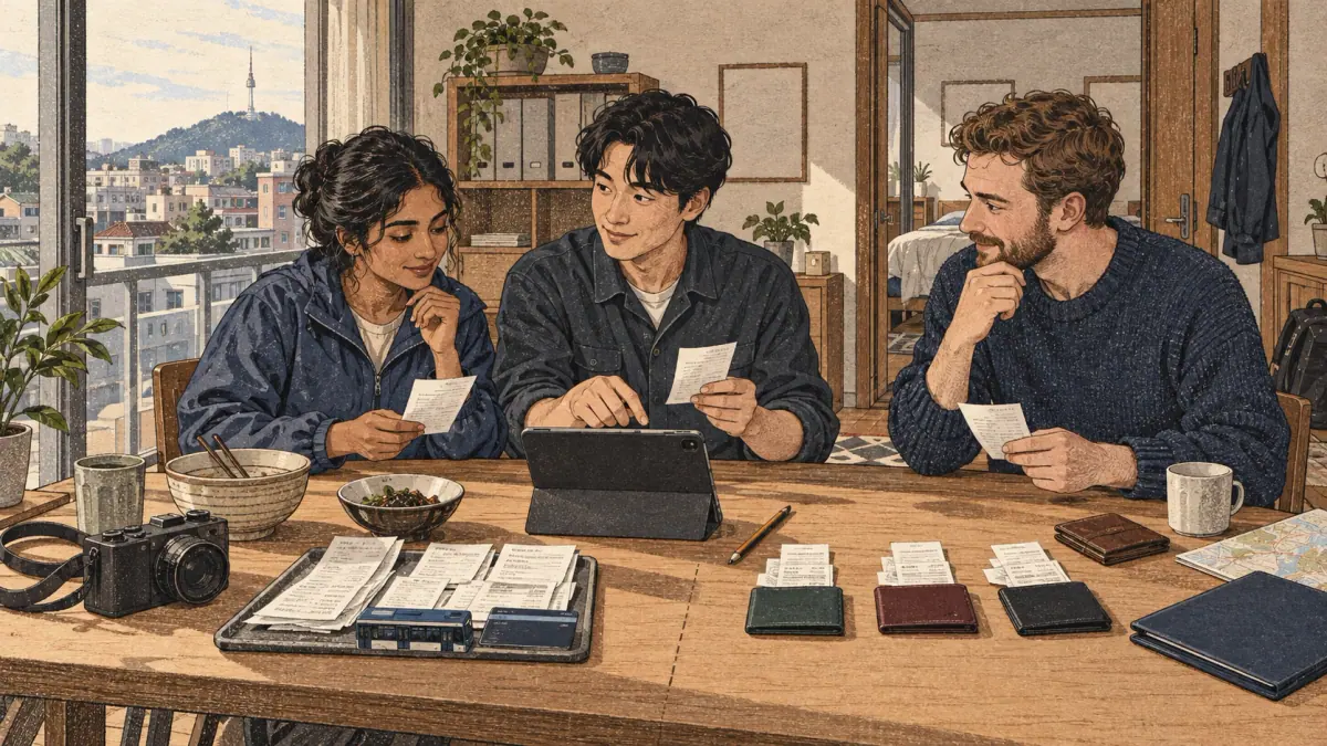 Cost settlement: three adult travelers sort payer receipts into shared and individual piles, keeping actual payments separate from each person’s share