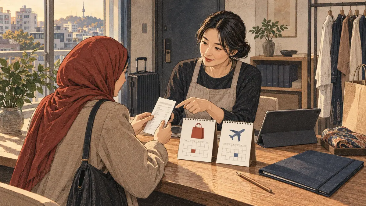 Calendar months: a traveler compares purchase and departure date cards with a packed suitcase waiting at an apartment door.
