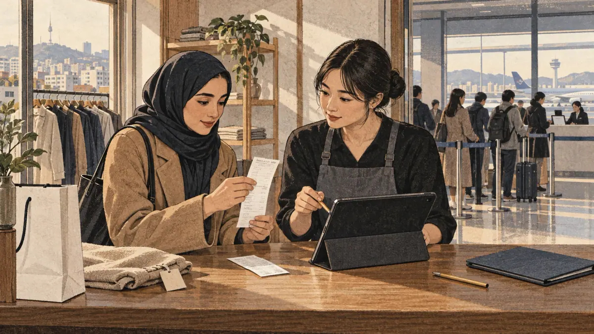 Document verification: the shopper checks an original receipt against manually entered values beside a contemporary airport refund-desk queue.