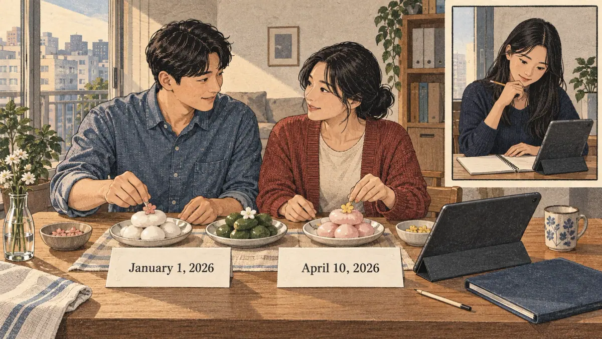 Different milestones: parents prepare three small rice-cake plates while an adult student in a separate side vignette checks a study-project start dat