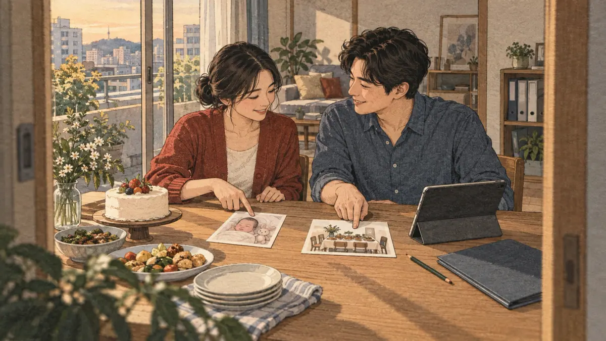 Gathering date: parents point separately to the true milestone card and the chosen weekend gathering card beside prepared food.