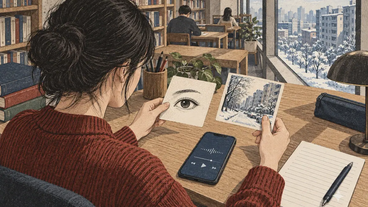 Overhead close view of a contemporary Seoul library desk: a twenty-eight-year-old learner in a ribbed sweater separates two meaning cards, one bearing an unlettered drawing of an eye and the other a snowy apartment street. A phone with abstract playback controls and a separate transcript sheet sit below the cards. The two different contexts attached to the same spelling are the focal point.
