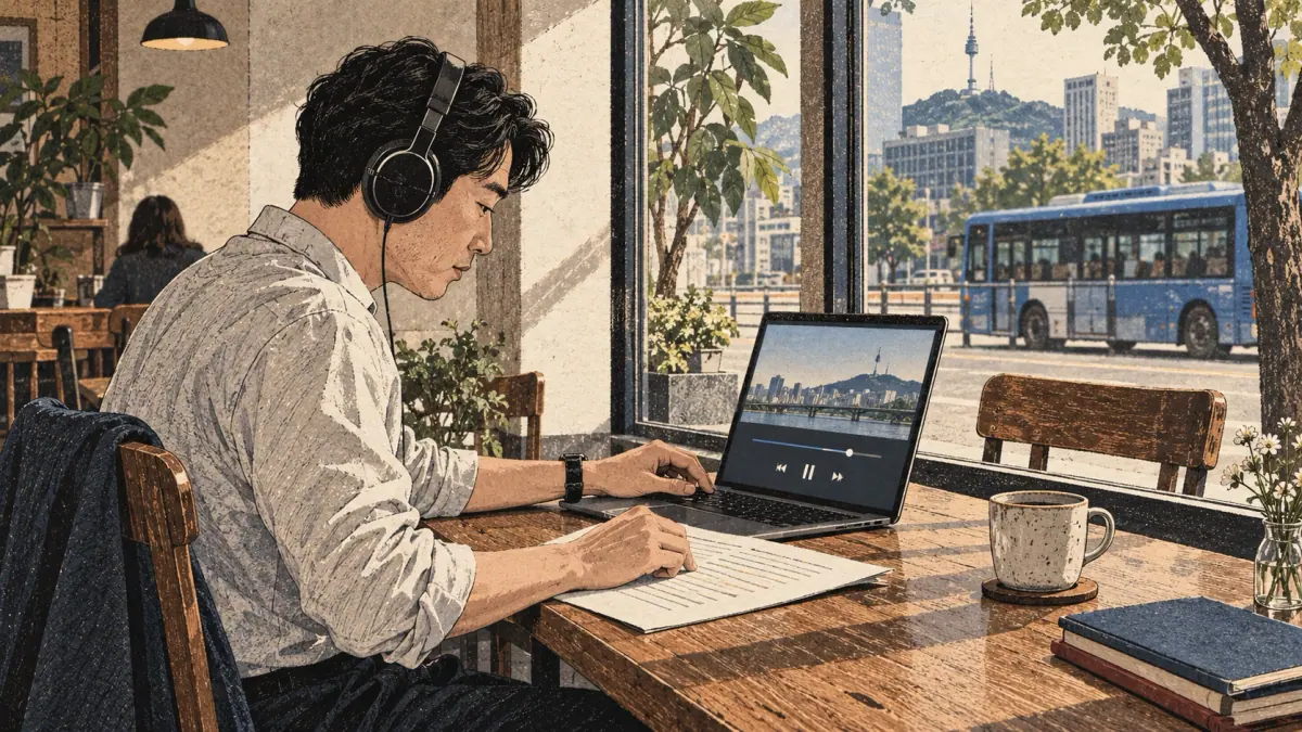 Side view at a Seoul cafe window in afternoon: a Korean man aged forty in a rolled-sleeve shirt listens to a single local recording through one pair of headphones. One hand rests beside the laptop playback slider, while the other follows the same transcript sheet. A second empty chair, ceramic cup and street bus beyond the window provide context. The unchanged transcript beside adjustable playback is the focal point.