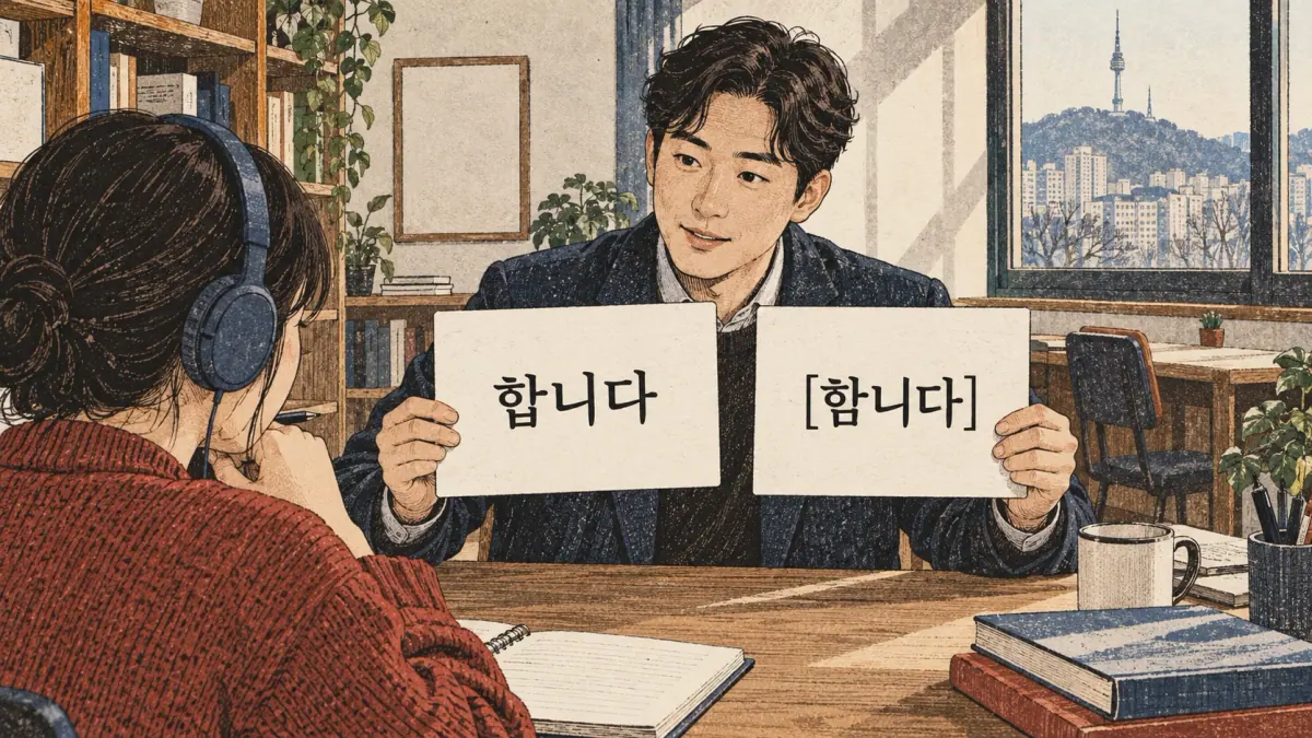 Straight-on teaching close view in a Seoul community study room: a Korean tutor aged thirty-five in a jacket holds two large cards, ordinary spelling on the left and spoken form on the right. A learner aged twenty-five in a sweater listens with headphones at the lower edge. Place "합니다" centered on the left card and "[함니다]" centered on the right card; these two cards form the focal comparison.