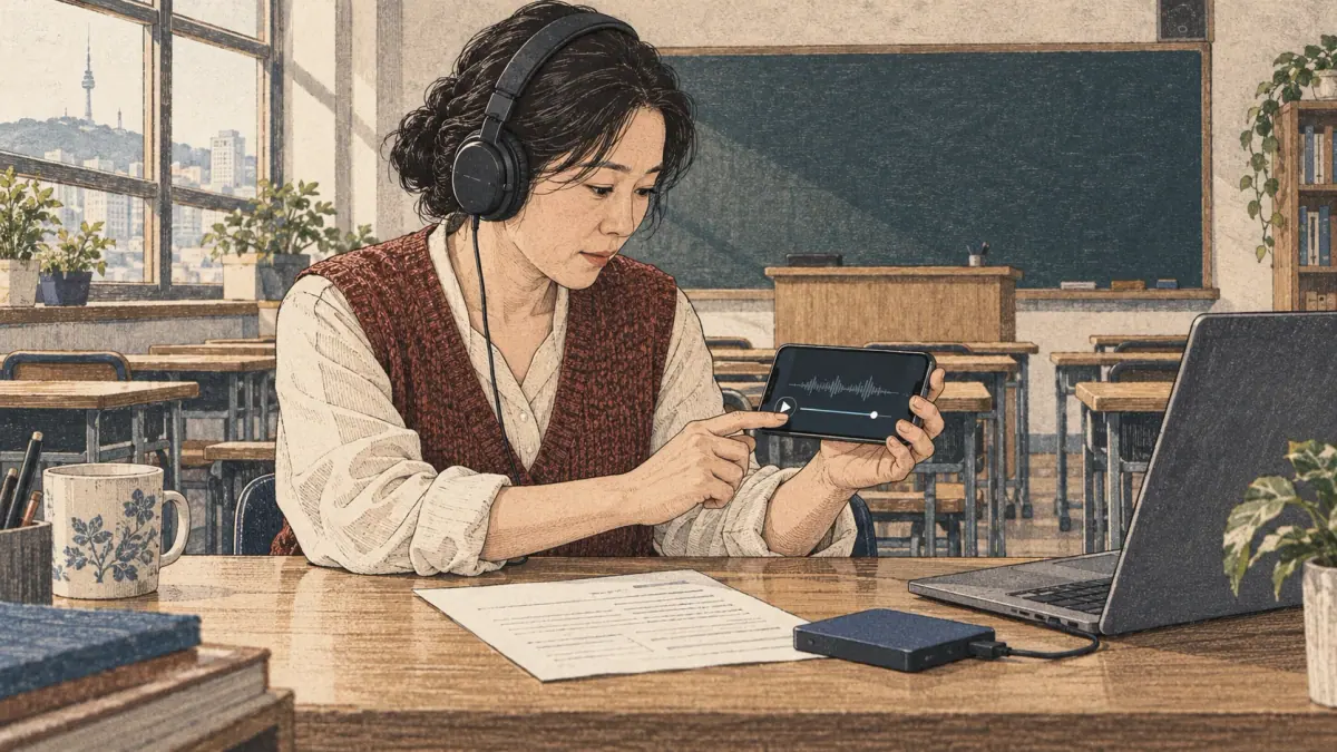 Low tabletop view in a Seoul classroom before class: a teacher aged forty-five in a woven vest checks a recording on a phone beside a laptop and a small portable drive. Exactly one transcript sheet accompanies the drive. The teacher listens carefully through headphones, finger poised near the end of the abstract progress bar, demonstrating testing the complete clip on the receiving device.
