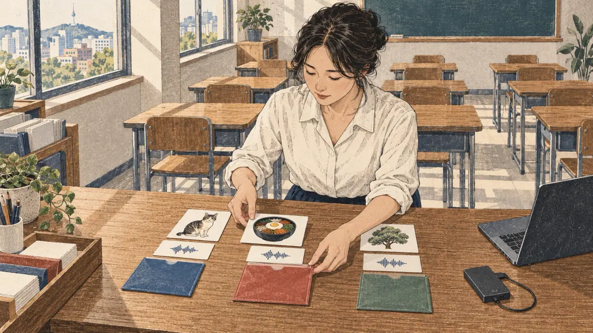 High three-quarter view in a bright Seoul classroom: a teacher aged thirty-eight in a cotton blouse arranges three separate bundles on a wood desk, each consisting of a transcript card, a meaning picture card and a small storage sleeve. A laptop and one original-file drive remain separate at the right. Empty student desks recede behind her. The paired transcript and audio materials are the focal point.