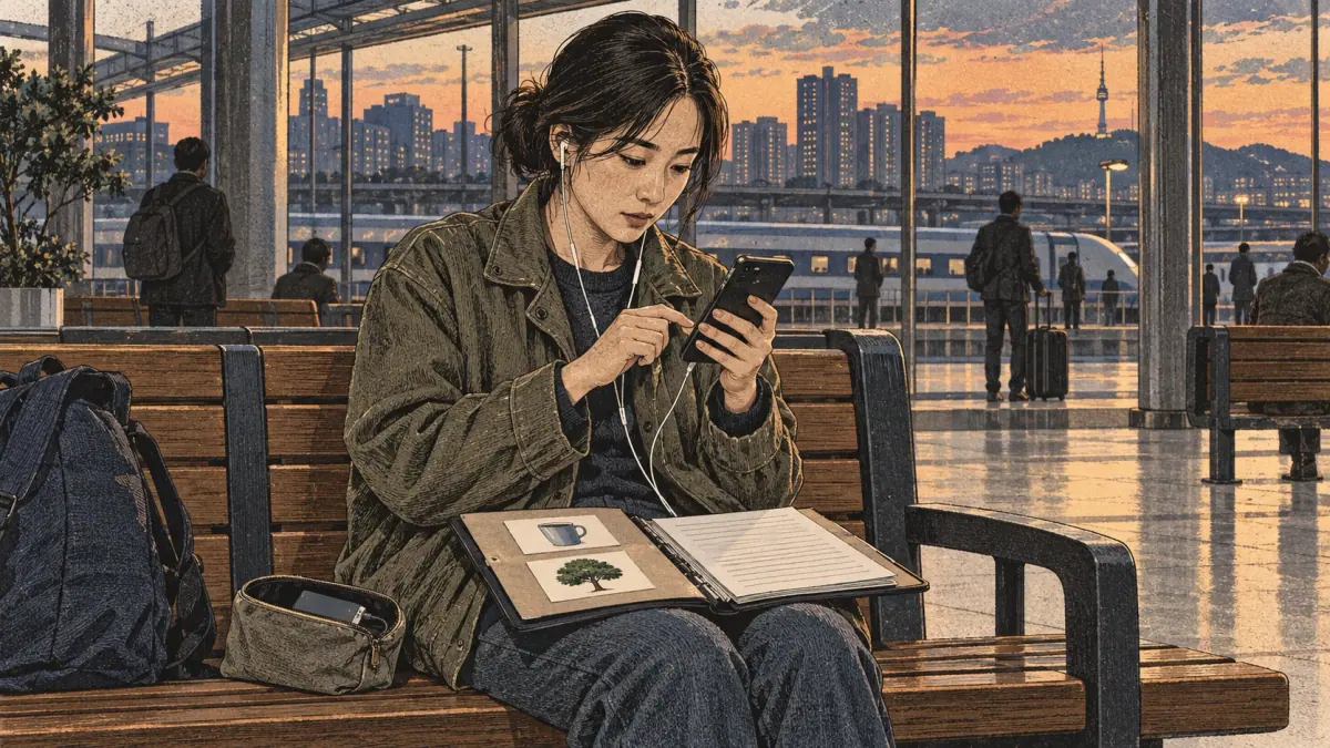 View from across a Seoul station waiting bench at dusk: a learner aged thirty in a canvas jacket tests a local recording on her phone with wired earphones before travel. An open folder holding two meaning picture cards and a transcript lies on her lap, with a small backup drive in a pouch beside her. Contemporary station glazing and apartment towers create depth. The deliberate check of available files is the focal point.