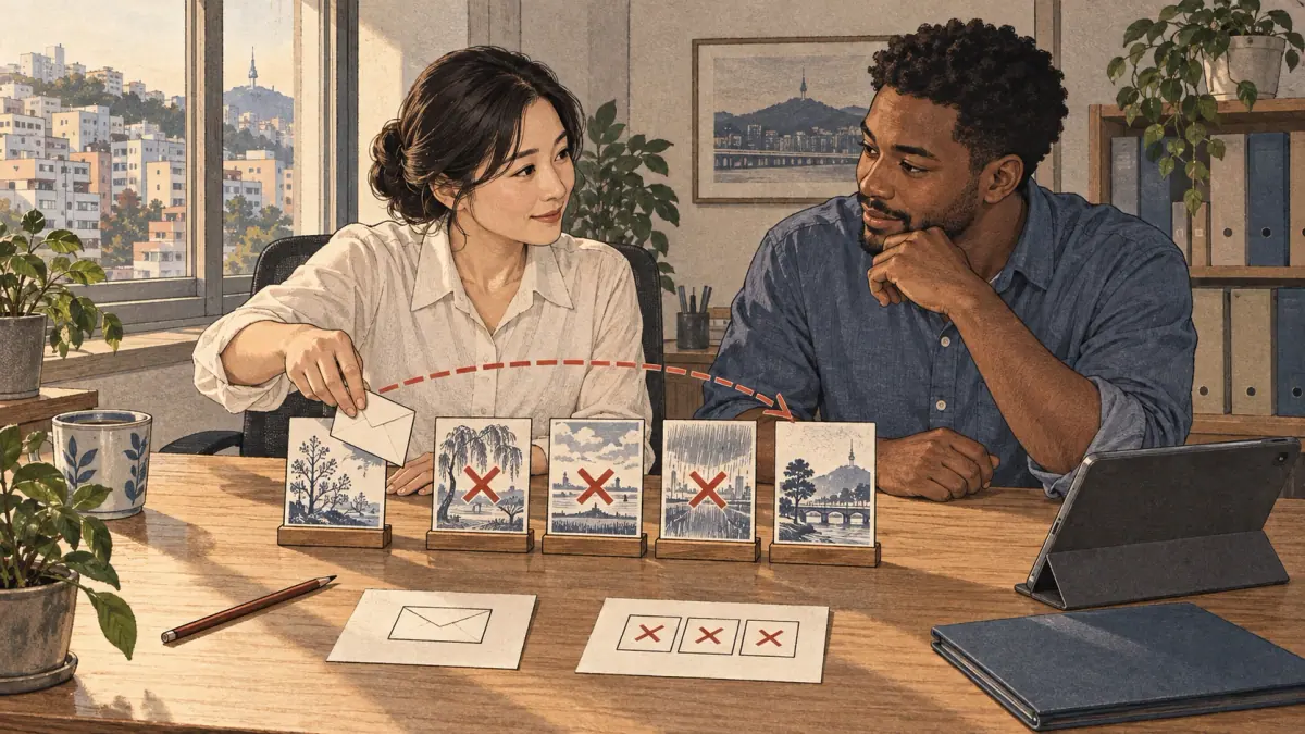 Working-day addition: one envelope moves from a Thursday card to Monday while three excluded day cards remain between them.