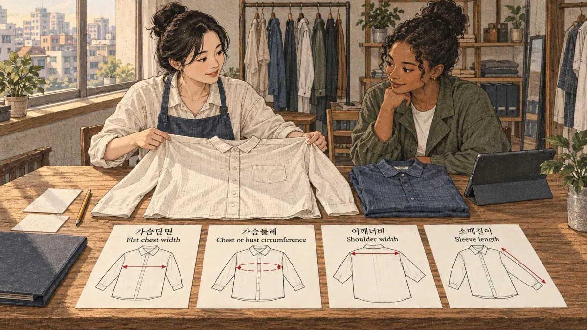 가슴단면 가슴둘레 어깨너비 소매길이 — Measurement headings: four separate dimension labels accompany a flat shirt, distinguishing width, circumference, shoulder and s