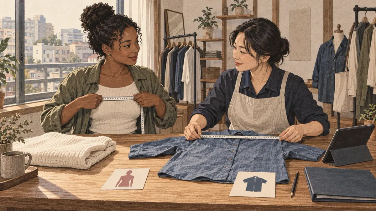 Body and garment: the shopper uses a body tape while the seller holds a separate finished-garment tape; the bases remain distinct.