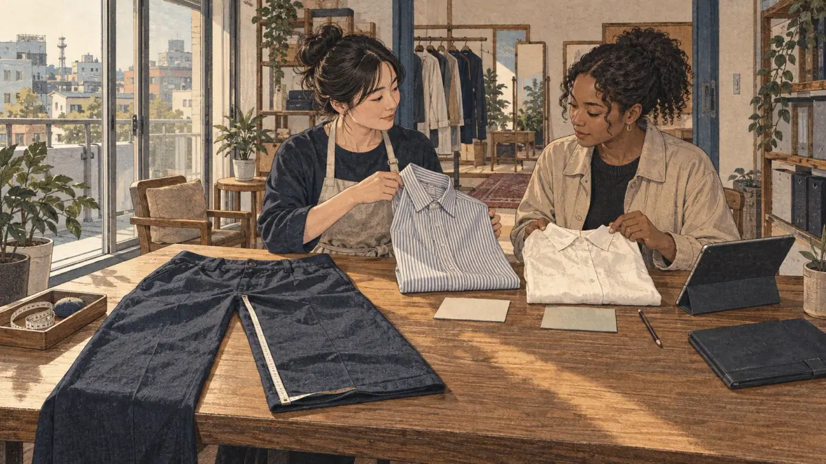 Bottoms setup: fastened trousers lie on a low table with a relaxed waistband and a separate crotch-to-hem measurement path.
