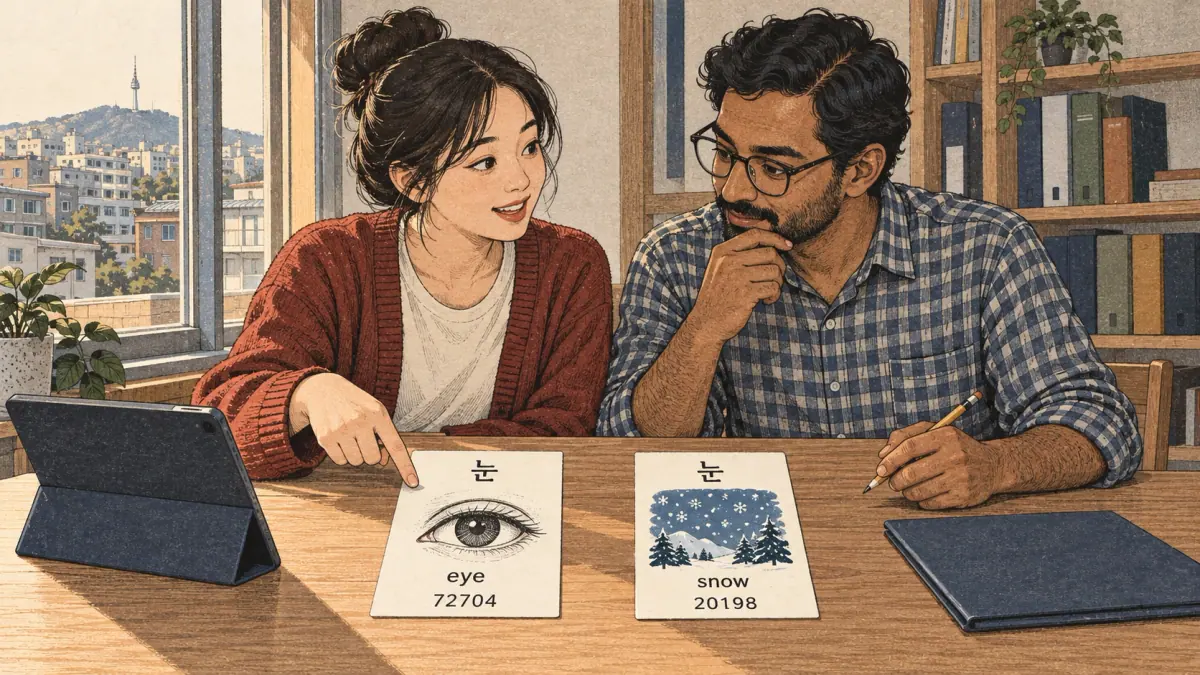 눈 눈 — Homographs: two identical written specimens lead to separate eye and falling-snow pictures, each with its own source card.