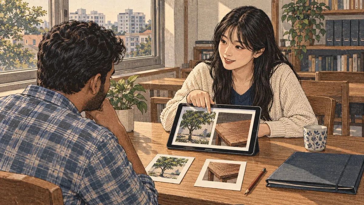 Living tree and material: a courtyard tree outside and the wooden tabletop illustrate different senses while the query language remains explicit.