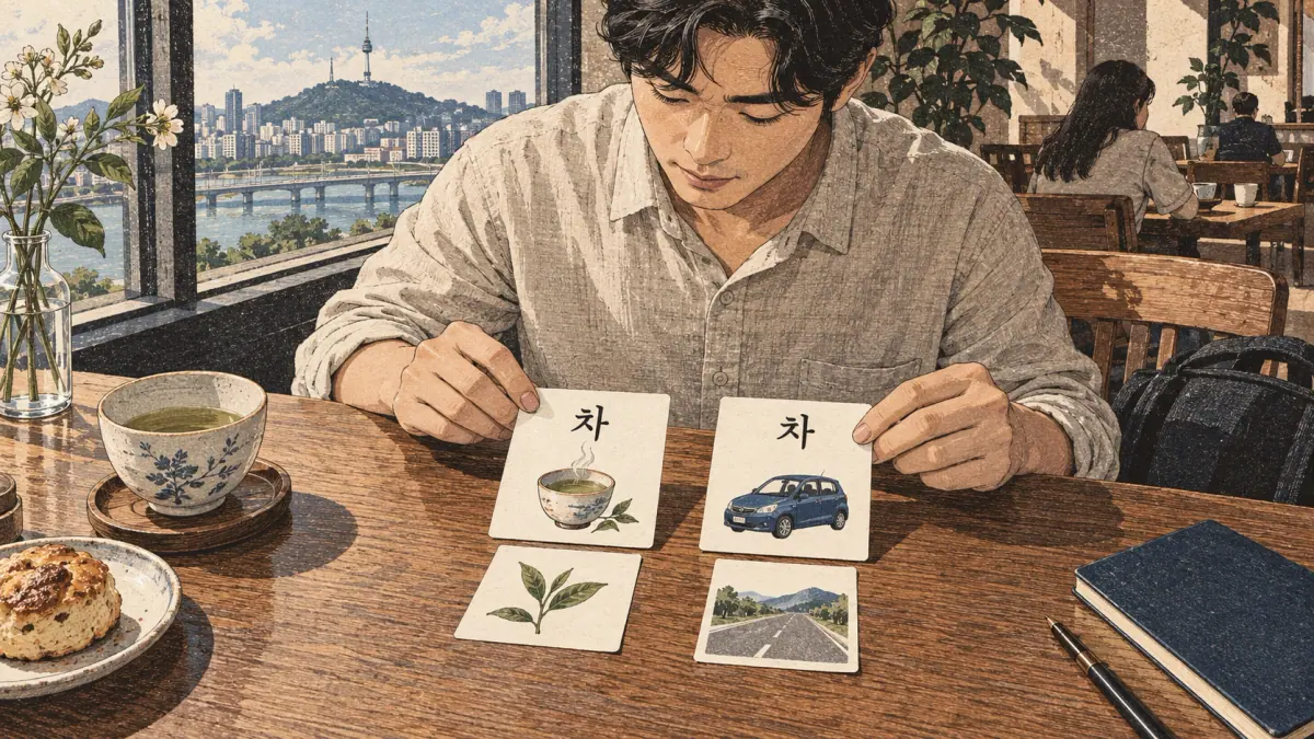 Overhead view at a Seoul cafe table in midday: a learner aged thirty in a linen sleeve separates a tea-context card and a car-context card. Both carry the same Korean word, but one lies beside a teacup illustration and the other beside a small car illustration. Place "차" on the left card and "차" on the right card. Separate source slips lie beneath each card, showing why two senses require two notes.