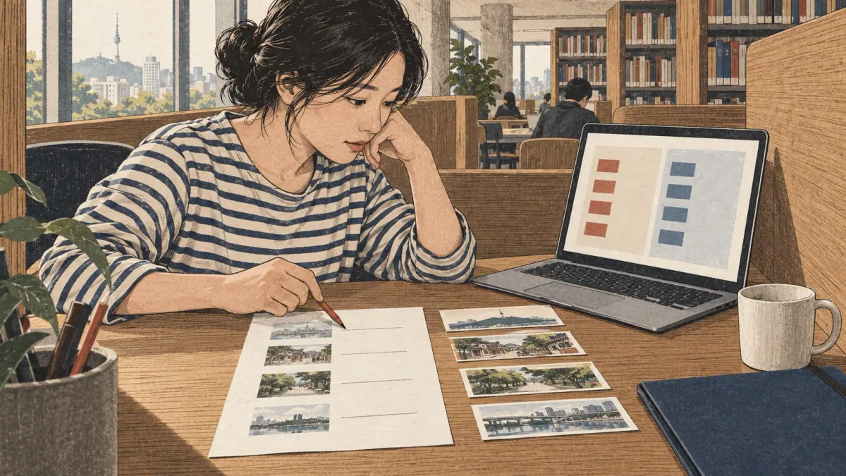 Close oblique view in a Seoul library study booth: a learner aged twenty-five in a striped cotton shirt checks a paper source list against an abstract two-column laptop preview. One pencil points from the Korean column to its matching source, while four paper strips remain separate rather than crowded into a single row. One closed folder and a plain mug occupy the edges; contemporary library shelving recedes behind the desk.