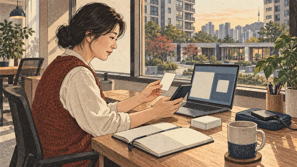 Side view at a Seoul coworking desk at late afternoon: an adult learner aged forty in a woven vest tests a small imported deck on a phone beside a laptop. The laptop has a simple unlettered field arrangement; the learner turns one blank-backed card while a separate backup drive rests in a pouch. A source notebook stays open beside the devices. A courtyard and modern apartment facade appear through the window.