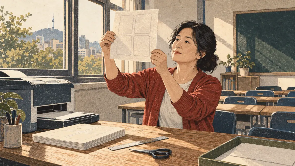 Low three-quarter view in a Seoul community classroom at morning: a teacher aged forty-five in a cardigan holds a single duplex test sheet toward the window to compare front and back alignment. Exactly four card outlines are visible, with matched boundaries seen through the paper. A printer, ruler and closed scissors sit below; empty classroom chairs recede behind her. The aligned edges, rather than decorative lettering, are the focal point.