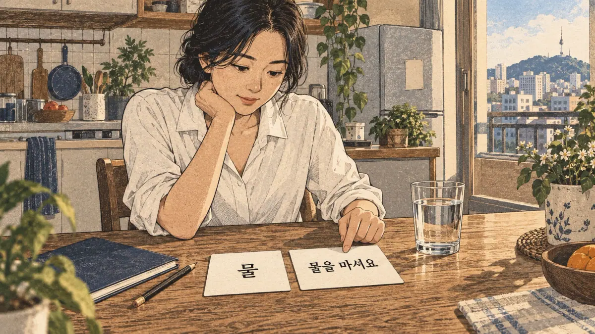 Tabletop close view in a Seoul apartment kitchen: a learner aged thirty in a rolled-sleeve blouse compares a water vocabulary card with a separate sentence card beside one glass of water. Place "물" on the left card and "물을 마셔요" on the right card. A closed source notebook and a pencil identify the source-checking task. Afternoon window light reveals the glass, paper and wood textures.