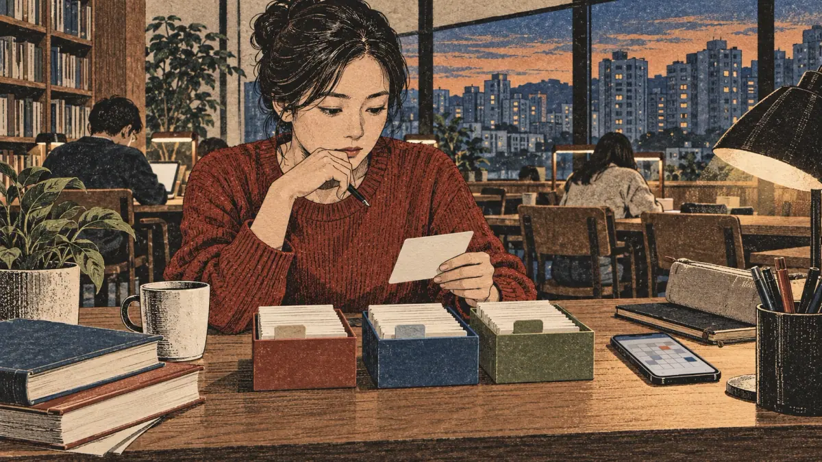 View across a Seoul reading room desk at dusk: a learner aged thirty-two in a cotton sweater attempts recall before turning a flashcard. Three open card boxes with small unlettered divider tabs hold cards at separate review stages. The learner keeps the answer face down, one hand ready to reveal it after thinking. A phone with an abstract calendar grid rests nearby; library windows show residential buildings.