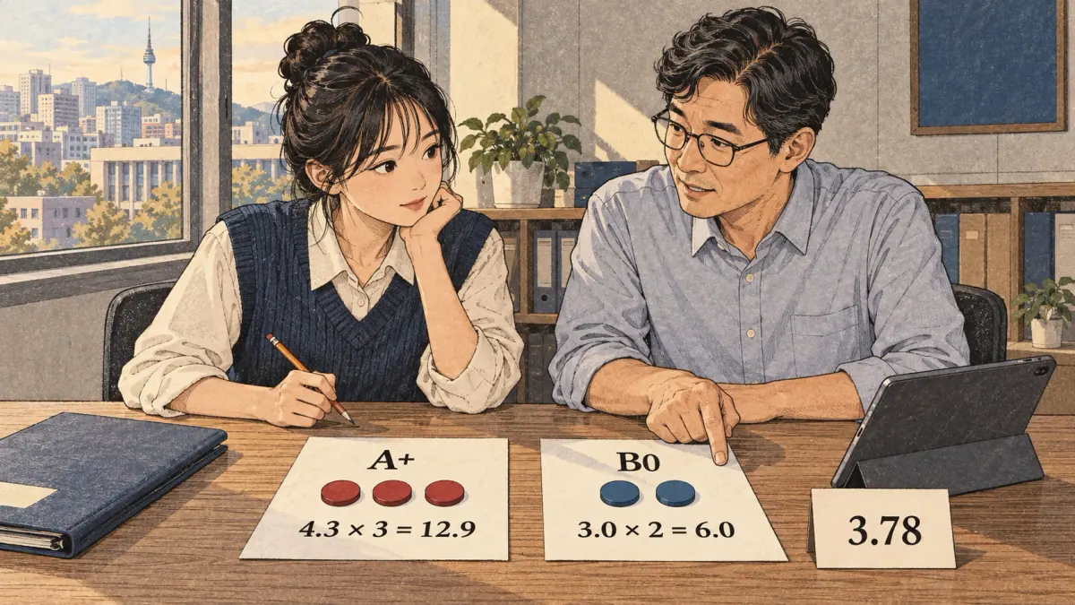 Credit weighting: three credit tokens sit beside one course slip and two beside another, with their separate contributions in the ledger.