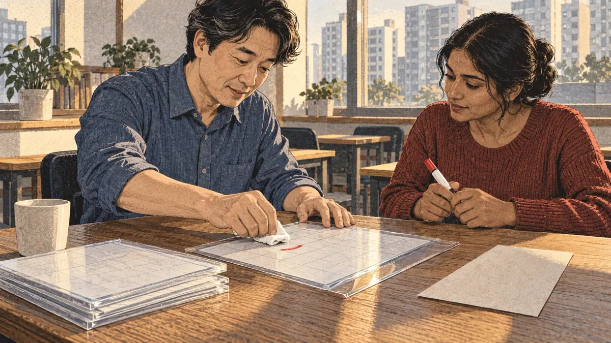 A teacher wipes a reusable worksheet sleeve while keeping the model page separate.