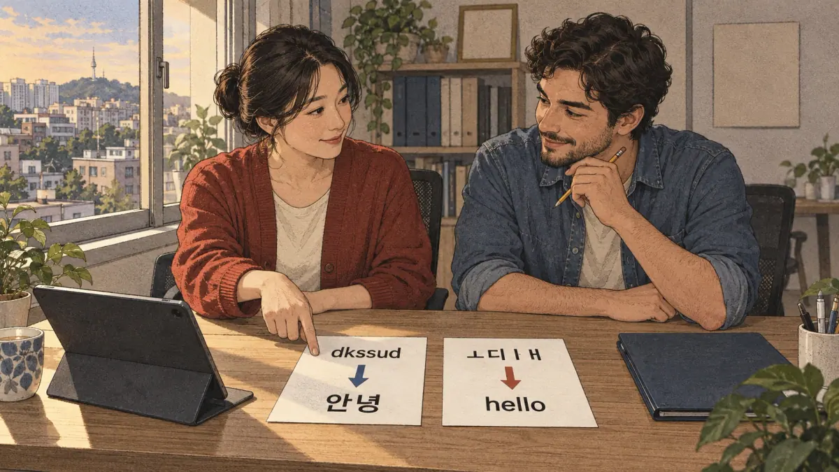안녕 ㅗ디ㅣㅐ — Two directions: forward greeting recovery and reverse English recovery occupy distinct paired source-result cards.