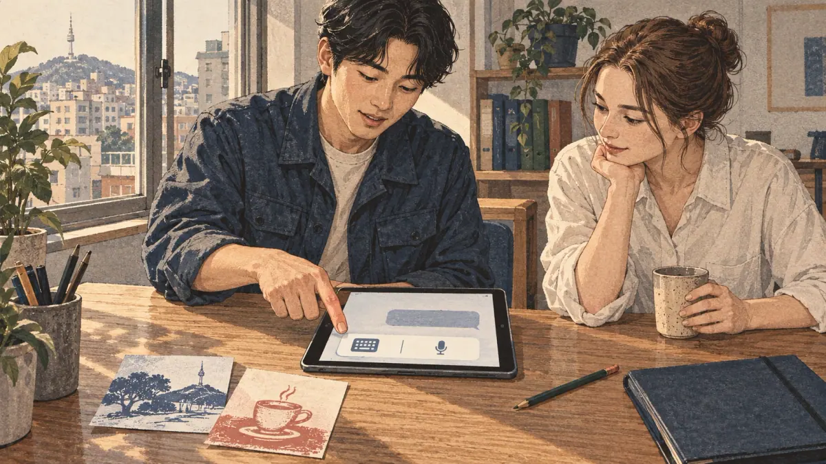 Input-mode choice: the learner looks at a finished short message while the designer points to the active mode.