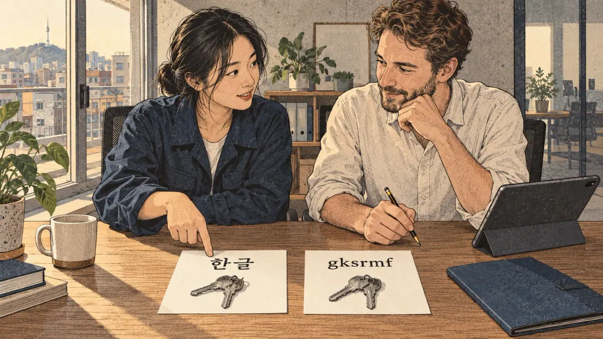 한글 — Worked results: two completed short word specimens sit on separate cards beside the physical keys, without a component-building illustration.