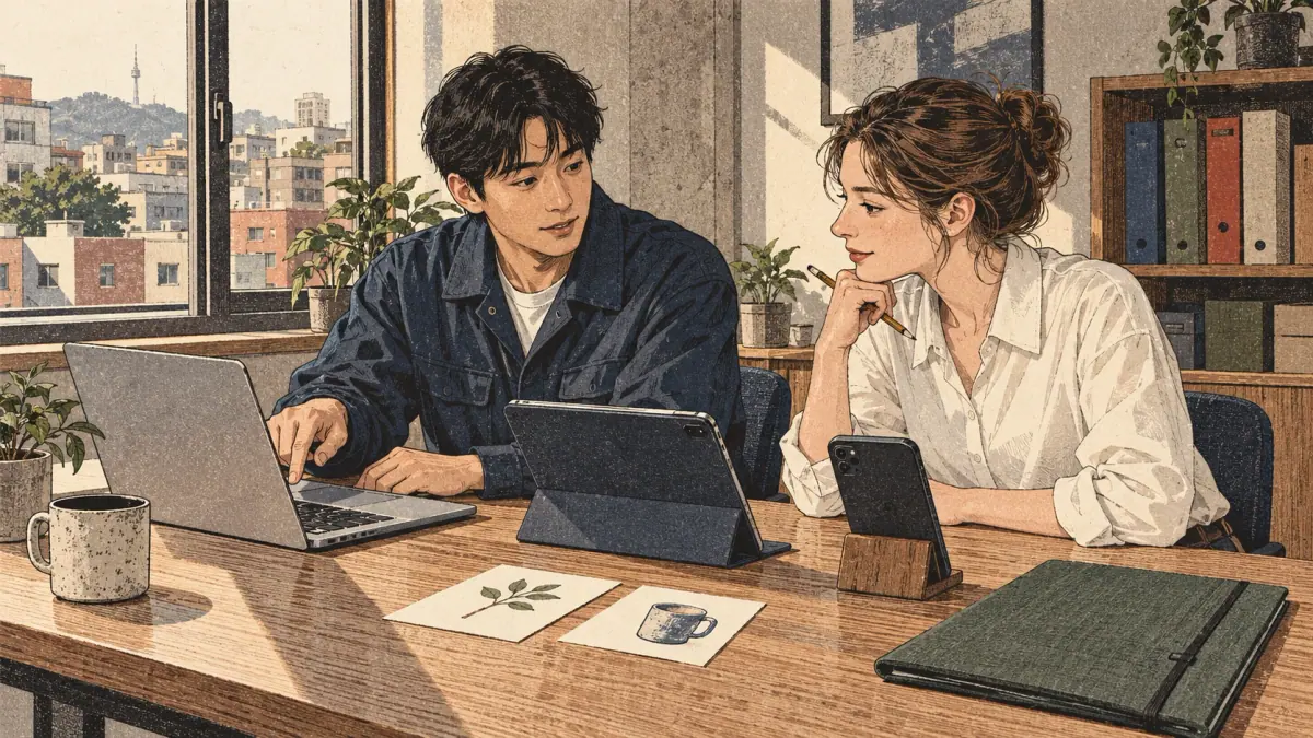Device choices: laptop, phone and tablet occupy distinct stations for different input methods and writing tasks.