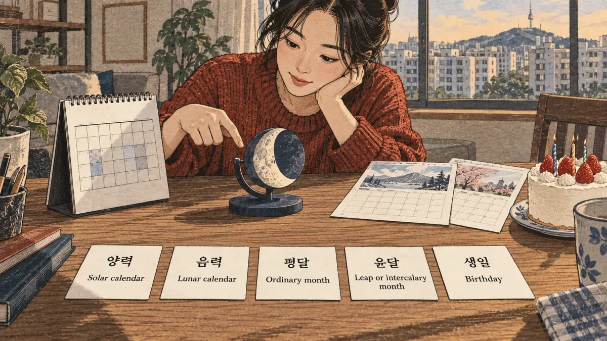 Illustrated study example: 양력, 음력, 평달, 윤달, 생일.