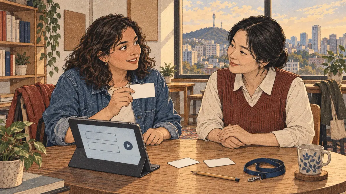 Una estudiante adulta prepara una tarjeta personal con una amiga coreana en un intercambio de idiomas en Seúl.