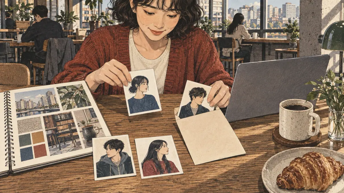A writer checks fictional character names and attached source notes.