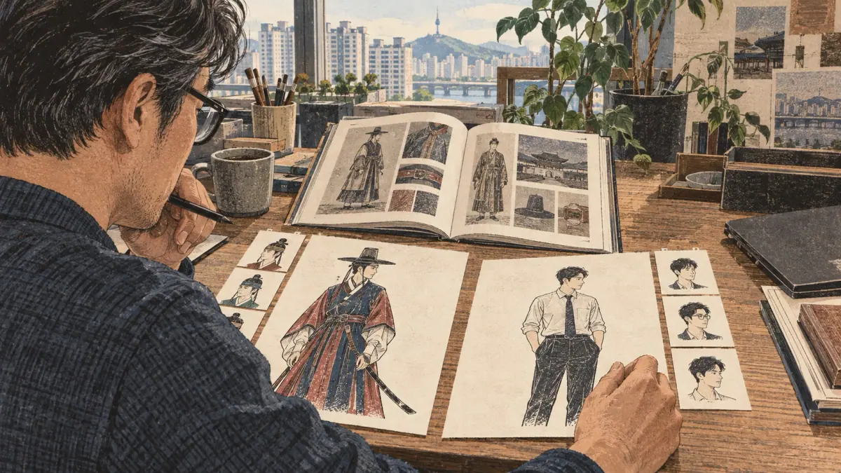 A writer checks fictional character names and attached source notes.