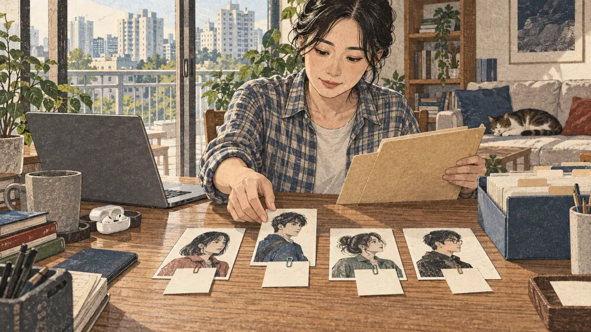 A writer checks fictional character names and attached source notes.