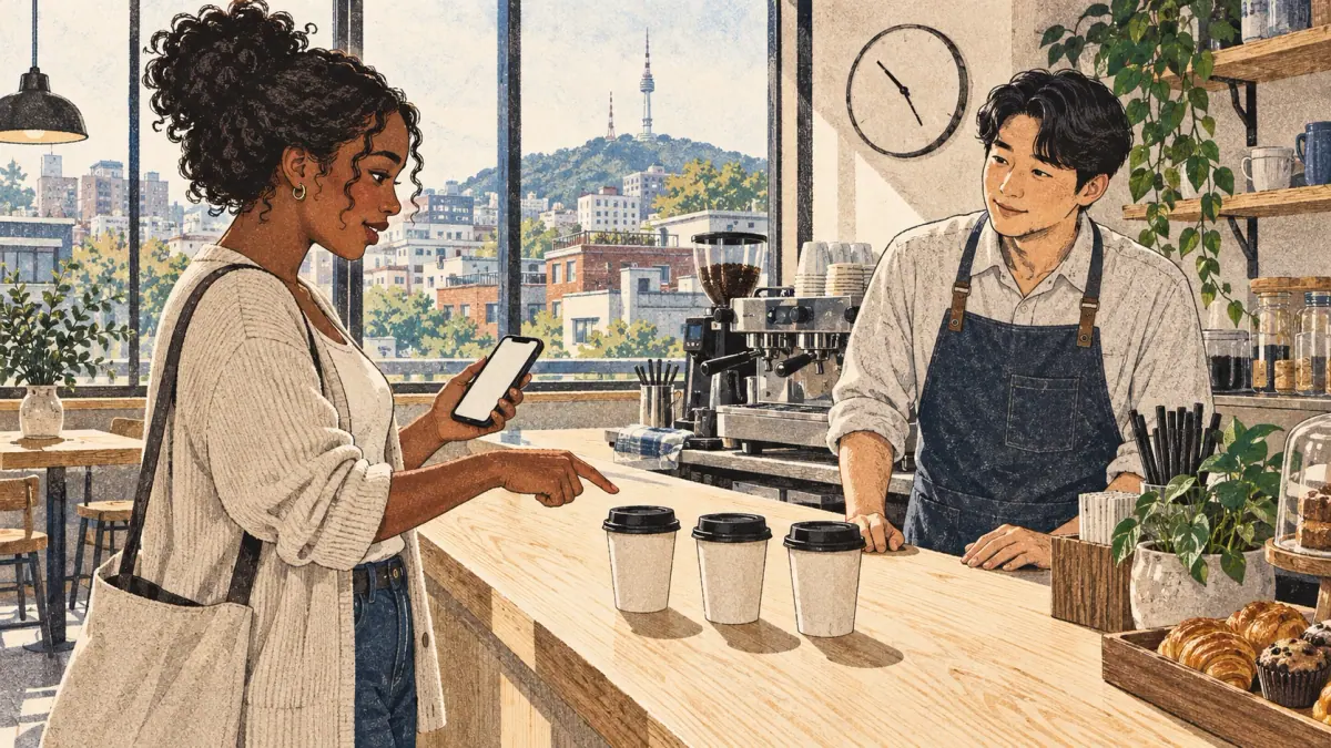A learner checks a Korean number converter while counting three drinks at a Seoul café.