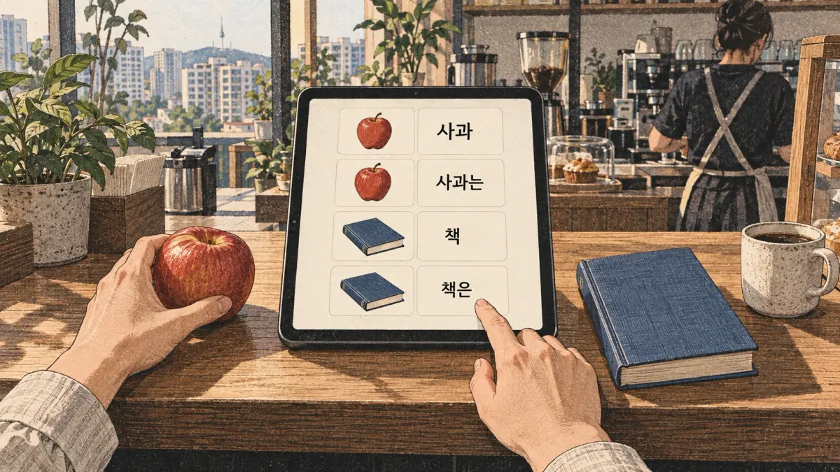 Illustrated study example: 사과, 사과는, 책, 책은.