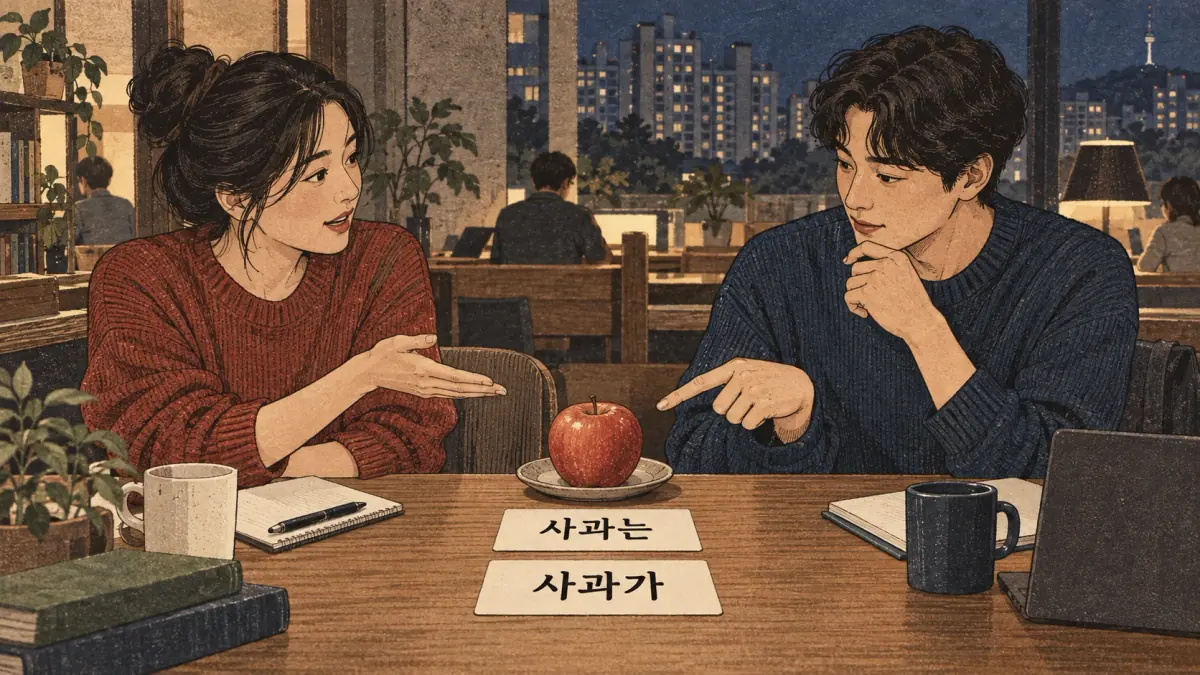 Illustrated study example: 사과는, 사과가.