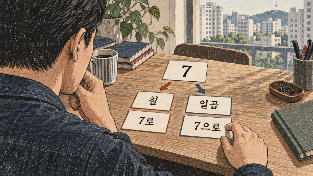 Illustrated study example: 칠, 일곱, 로, 으로.