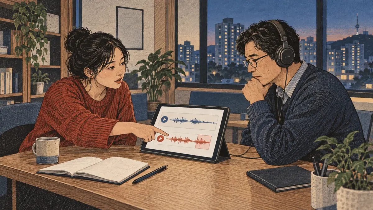 A learner records speech and checks the available evidence with a teacher.