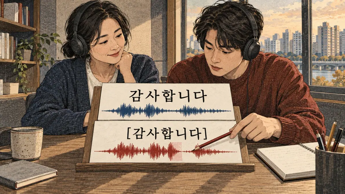 Illustrated study example: 감사합니다, 감사함니다.