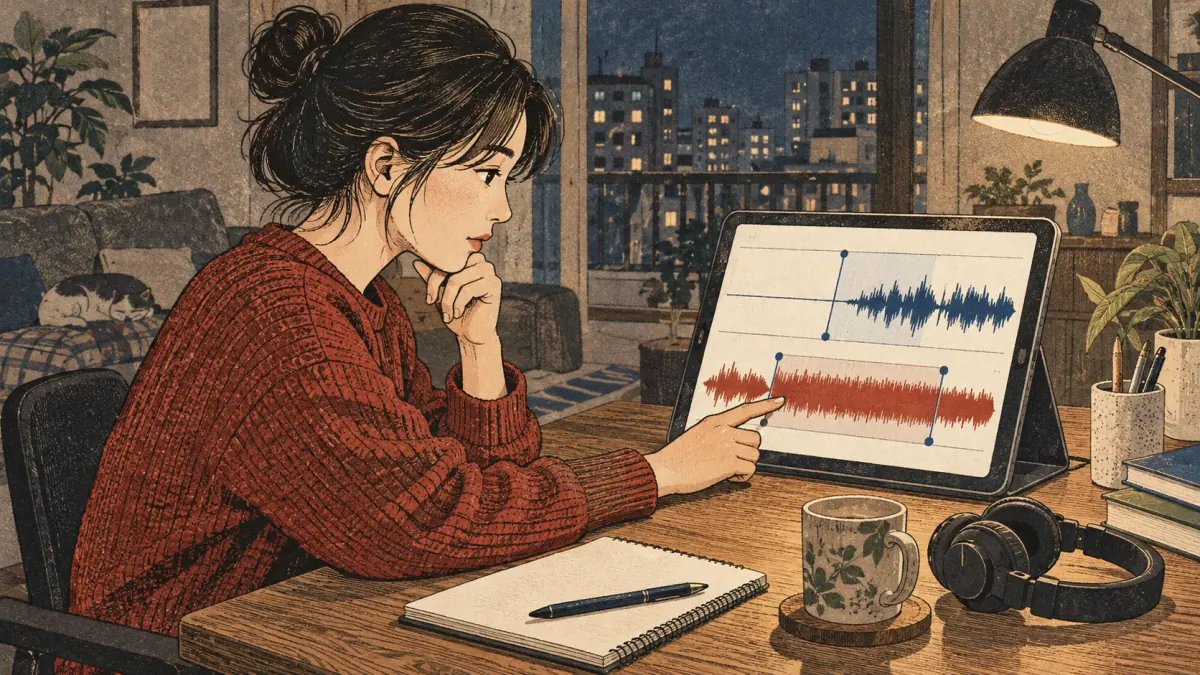 A learner compares a reference recording with a separate voice take.